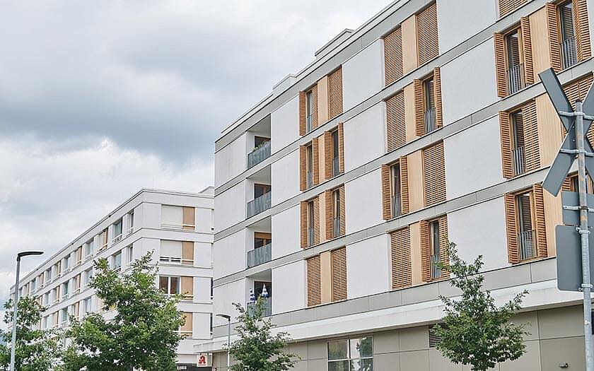 Fassade mit Holzelementen